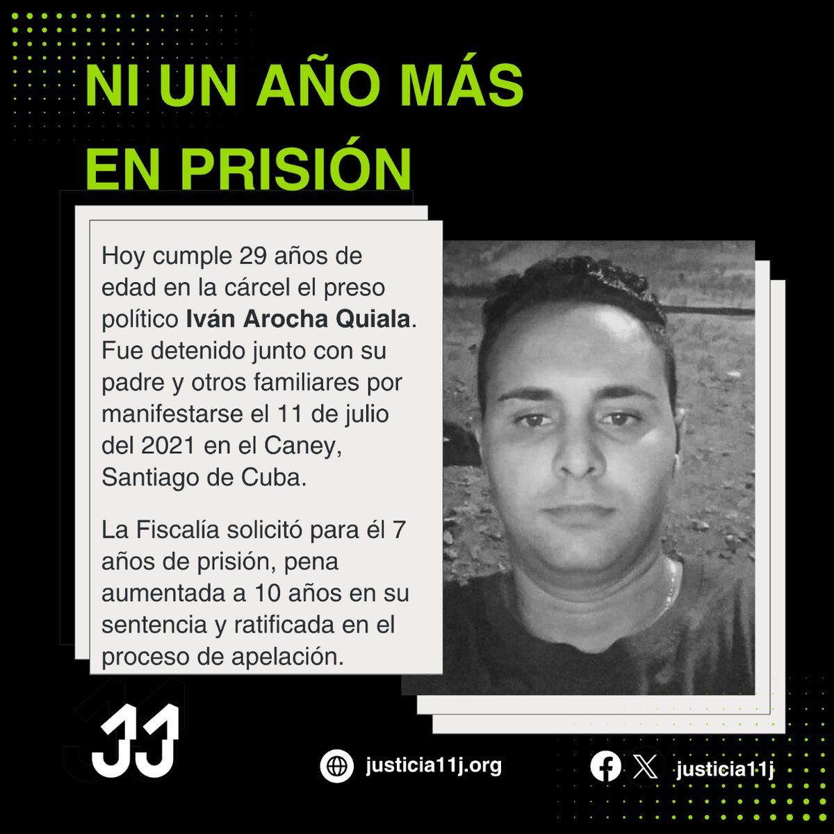 📌#NiUnAñoMásEnPrisión | Hoy cumple 29 años de edad el #PresoPolítico Iván Arocha Quiala. Fue detenido junto con su padre y otros familiares por participar en la #protesta del 11 de julio del 2021 en la localidad del Caney, provincia Santiago de #Cuba.

1/2
#11J #cubasinrepresión