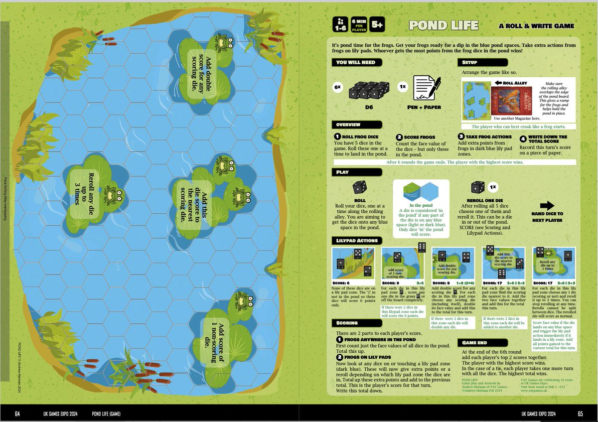 If you need any help getting in the mood for <a href="/UKGamesExpo/">UK Games Expo</a> then how about a free family freindly game.
Yes, 'Pond Life' is in the programme - a family friendly roll and write where you aim to get dice on the lily pads.

The programme is available here ow.ly/iuy150RNtJ2

YAY!