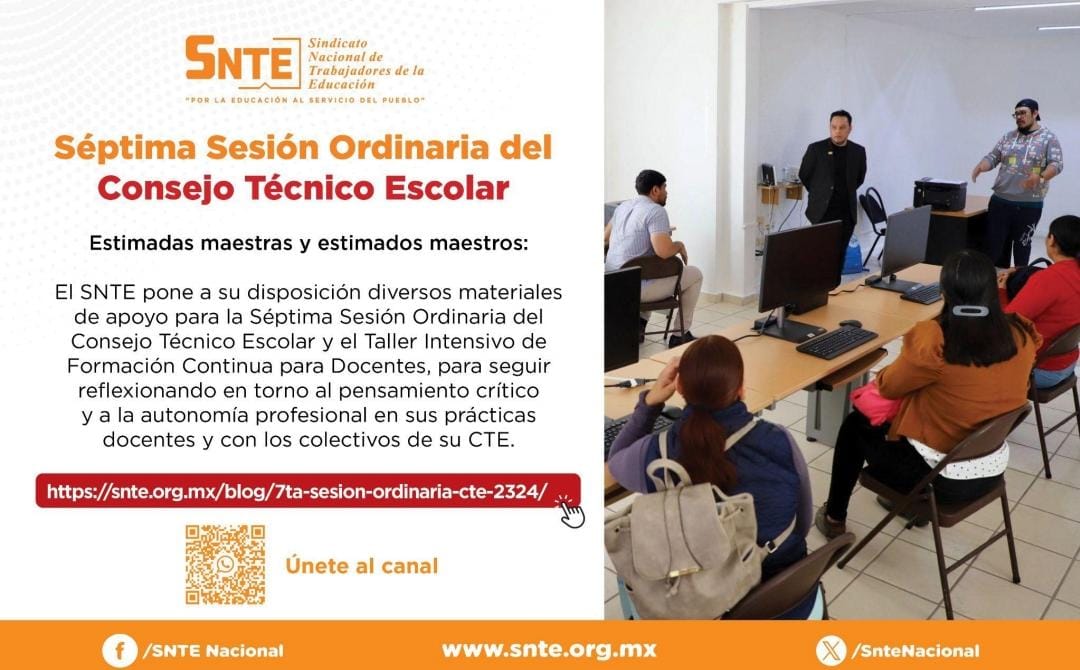 📚👩‍🏫 ¡Maestras y maestros! 

No se pierdan la Séptima Sesión Ordinaria del CTE. 
El #SNTE ofrece materiales de apoyo para seguir reflexionando sobre el pensamiento crítico y la autonomía profesional en sus prácticas docentes. 🌟
Revisen el link👇

acortar.link/ps0fsW