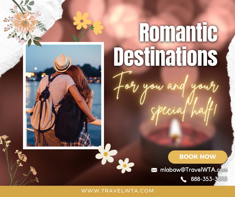 Romance beyond sunsets! Discover hidden gems for your getaway. 🍷 Skip the generic searches, we craft unforgettable experiences for proposals, anniversaries, & babymoons! DM us & let love bloom! #RomanticGetaways 
🌐 travelwta.com