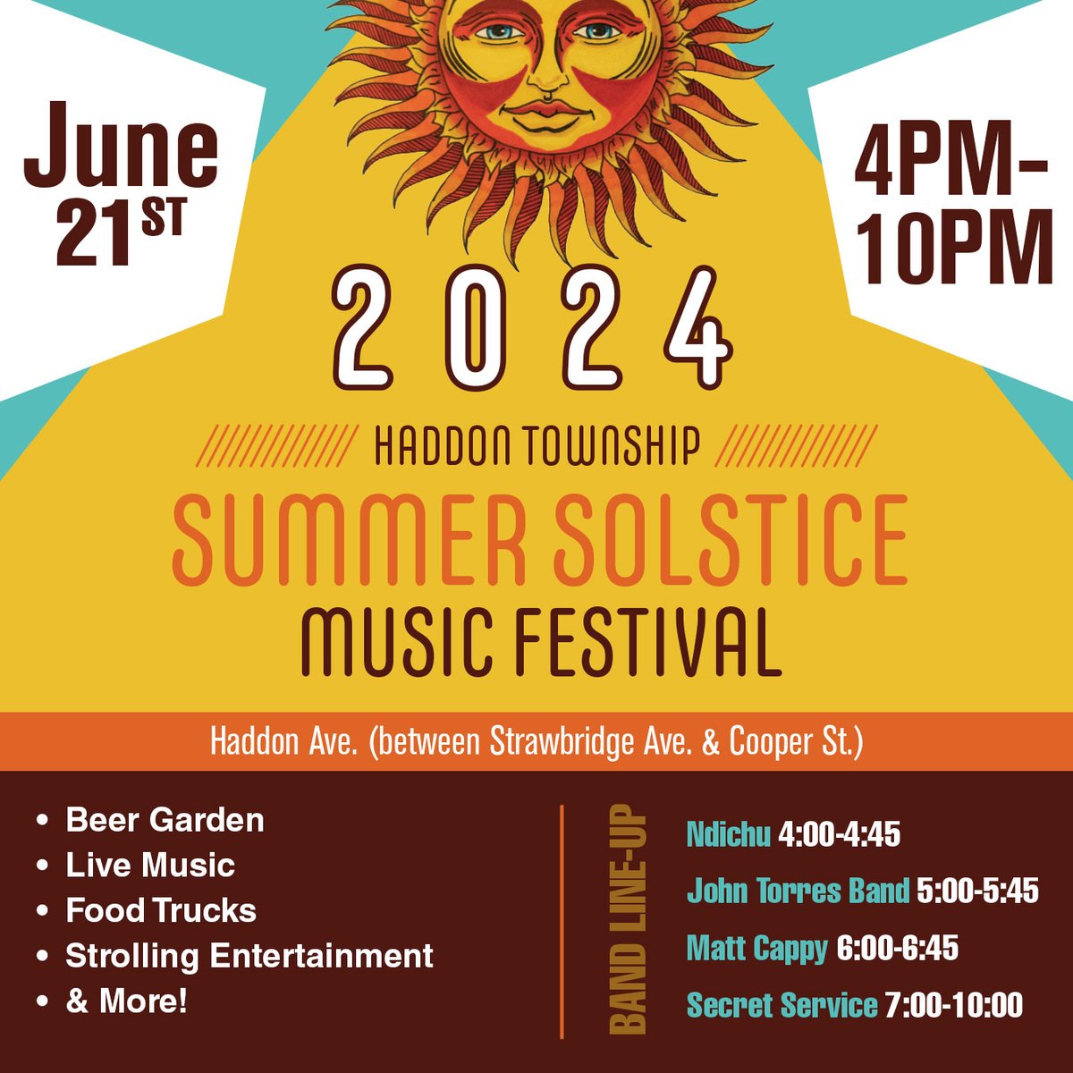 The official start of Summer---Haddon Twp.'s Summer Solstice!  Friday, 6/21 from 4pm - 10pm on Haddon Ave.!  #bandlineup #haddontwp #HTsummersolstice #livemusic #beergardens #kidzone #foodtrucks