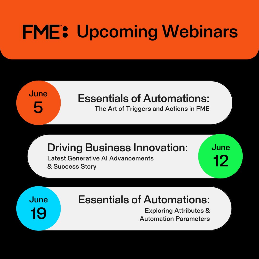 🗓️ Mark your calendars! Join us for our upcoming webinars designed to help you harness FME and unlock the full potential of your data. Don't miss out—Register now ▶️ fme.safe.com/webinars/ #FMEcommunity #SafeSoftware #webinars #onlinelearning