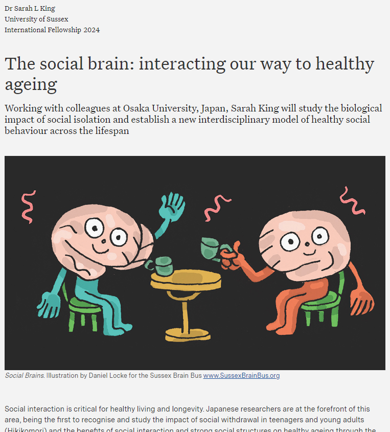 Working with colleagues at Osaka University, Japan, @drsarahking will study the biological impact of social isolation and establish a new interdisciplinary model of healthy social behaviour across the lifespan: leverhulme.ac.uk/international-…