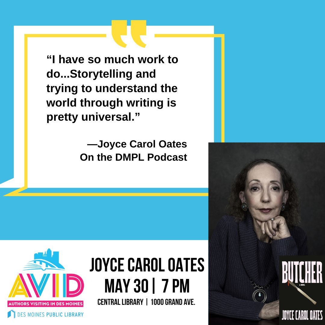 Today on the DMPL Podcast, Joyce Carol Oates is talking to host Aaron Gernes about her long career, writing process, and her new novel Butcher. Listen now: dmpl.org/blog-entries/d…