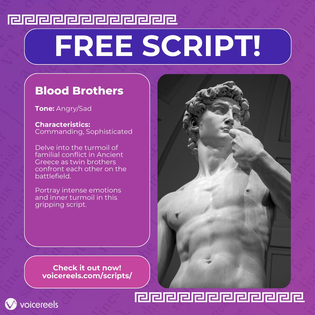 Voicereelscom's tweet photo. BLOOD BROTHERS 🩸⚔️ 

Fancy some Ancient Greek style conflict? Show off your commanding and sophisticated characteristics with this ✨FREE✨ script!

Script here 🎙️: https://t.co/4jvnB0bc9p https://t.co/JVEOyOPLj3