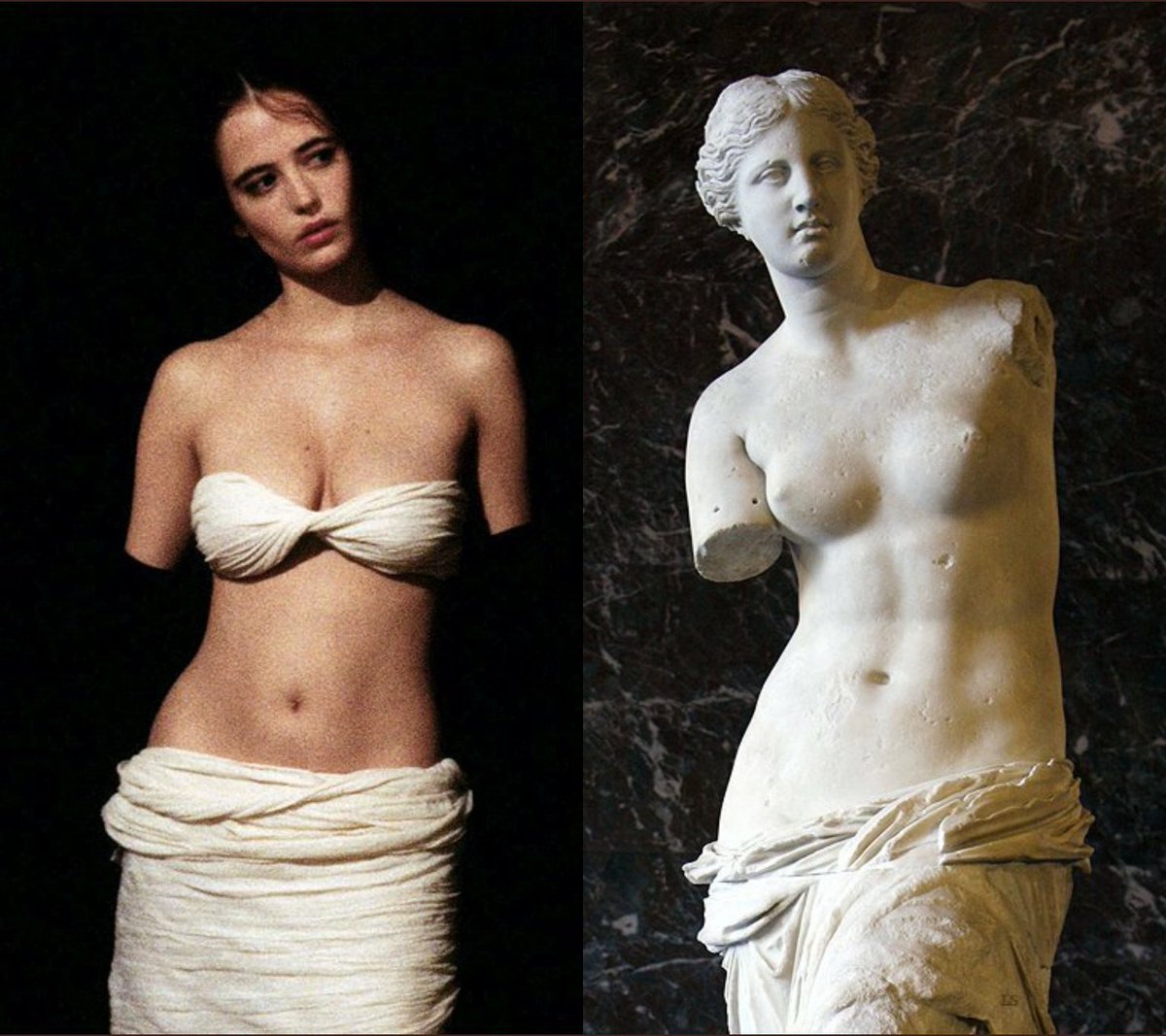5. The Dreamers (Bernardo Bertolucci) - Venus de Milo (attributed to Alexandros of Antioch, 2nd century BC)

Eva Green—wearing black arm length gloves—stands in the dark, gracefully recreating one of the most iconic sculptures of all time.