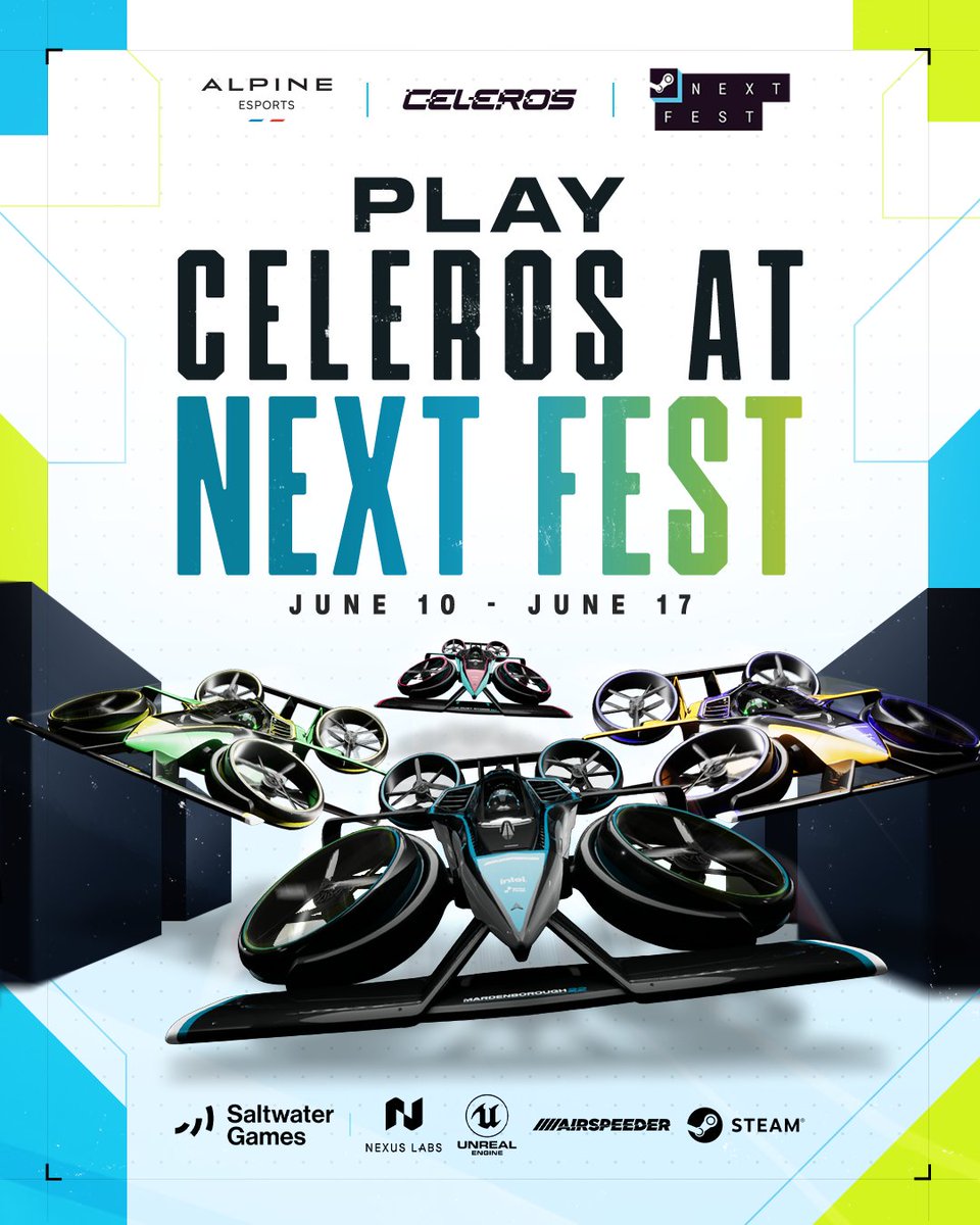 Celeros (@celerosgame) on Twitter photo Play Celeros at <a href="/Steam/">Steam</a> NextFest!
Starting June 10th, Aero Bay becomes open to all! Compete for the fastest lap, win prizes, and watch our 24/7 livestream with some incredible guests, including <a href="/AlpineEsports/">Alpine Sim Racing</a>!
Wishlist now to be reminded when we're live: store.steampowered.com/app/2893640/Ce… Play Celeros at <a href="/Steam/">Steam</a> NextFest!
Starting June 10th, Aero Bay becomes open to all! Compete for the fastest lap, win prizes, and watch our 24/7 livestream with some incredible guests, including <a href="/AlpineEsports/">Alpine Sim Racing</a>!
Wishlist now to be reminded when we're live: store.steampowered.com/app/2893640/Ce…