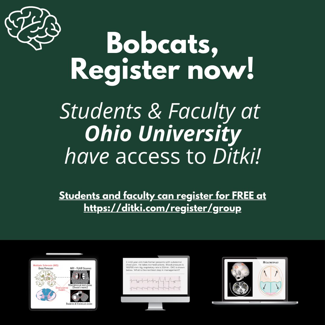 Calling all Ohio Bobcats!
Not at OU, and want your school to subscribe to Ditki? Talk to your librarian!

#ditki #usmle #meded #medschool #medstudent #OhioUniversity #neuroanatomy
#nursing #pance #physicianassistant #allopath #medicine #science #healthscience #nurse #premed #mcat