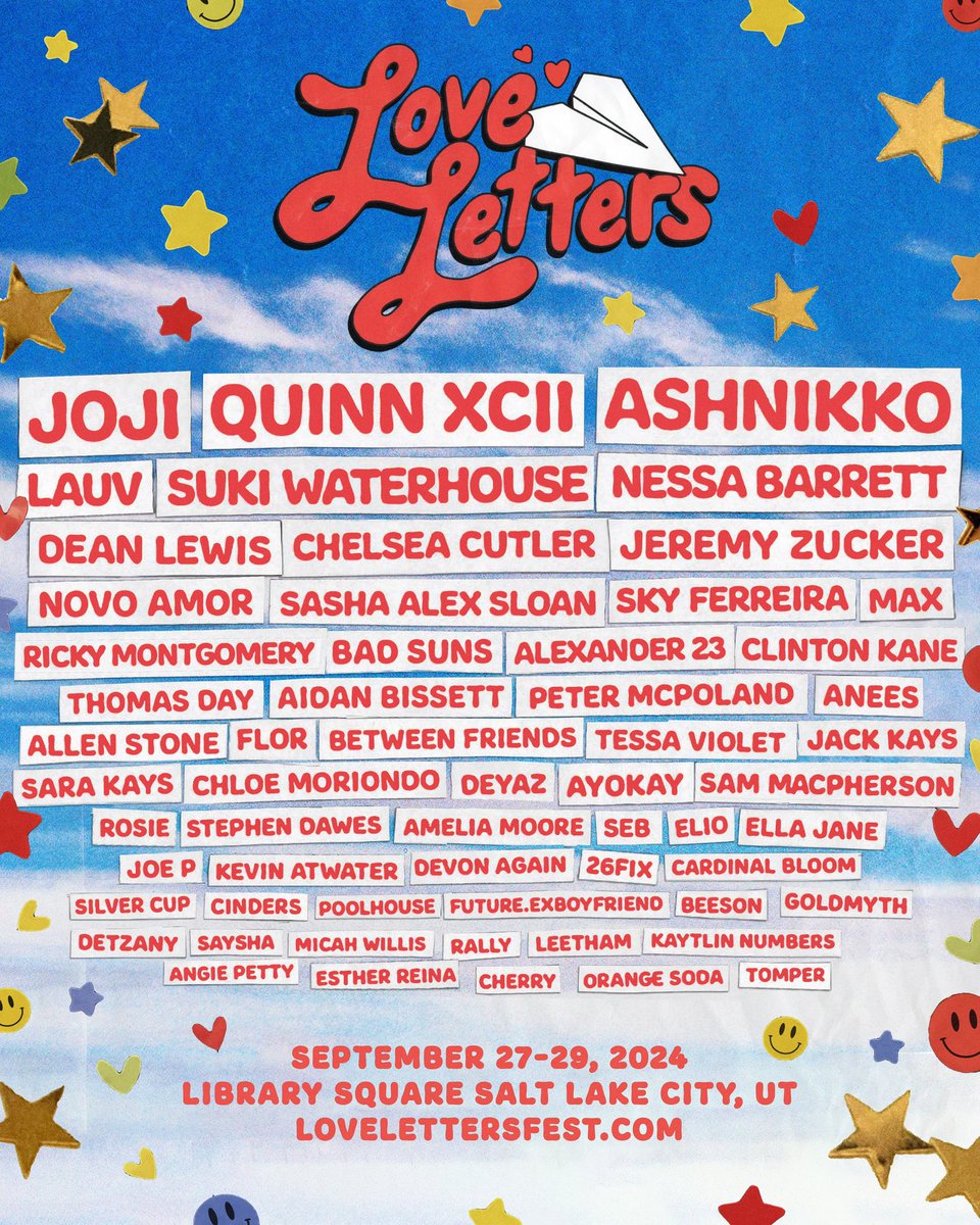 Dear SLC... 💌 Love Letters is a ✨BRAND NEW✨ indie-pop festival in Salt Lake City at Library Square on September 27-29, 2024. Sign up for early presale access at the link in our bio today to get 3-day passes before they go on sale to the public THURSDAY at 10am MST.