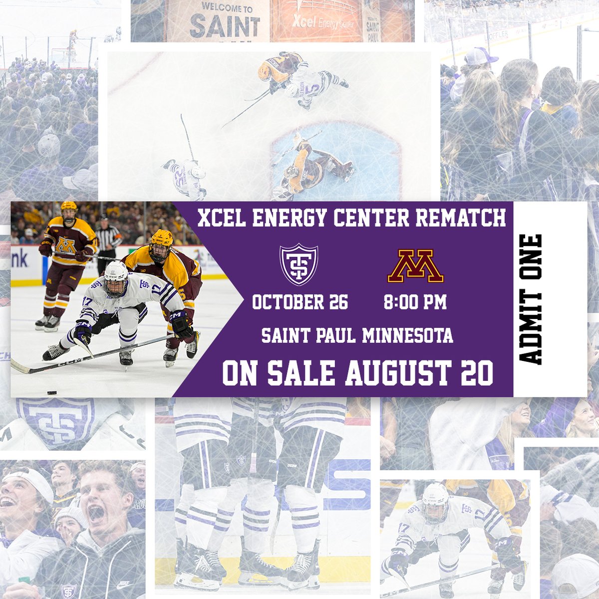 JUST ANNOUNCED: The University of St. Thomas and University of Minnesota men's hockey teams are returning to #MyXEC for a rematch on October 26! Tickets go on sale August 20.