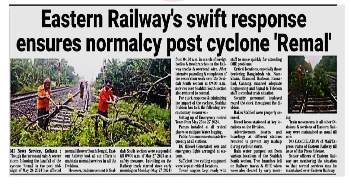 Eastern Railway's swift response ensures normalcy post cyclone 'Remal'