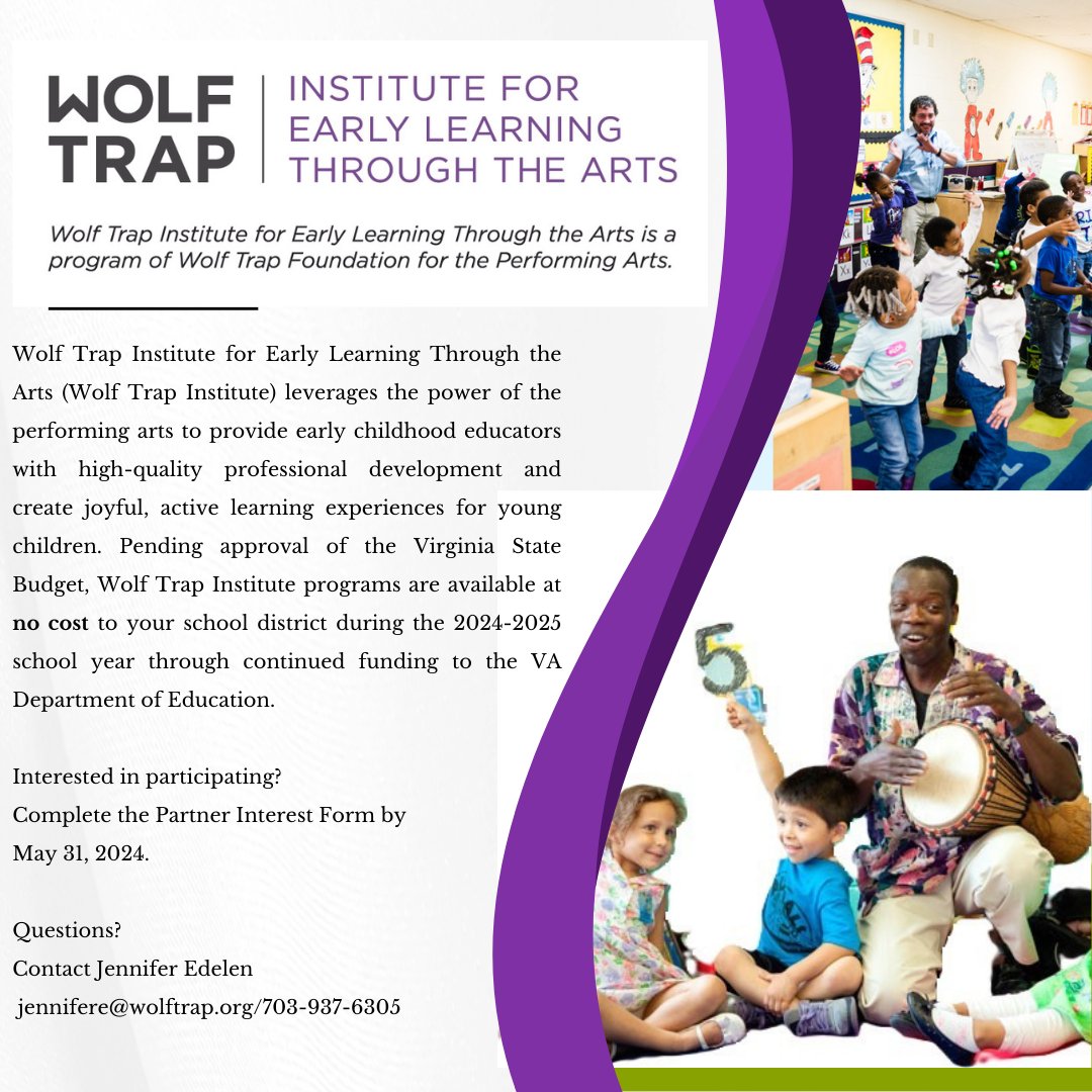 VAHeadstart's tweet photo. Bring Wolf Trap Early Arts Learning Programs to Pre-K Classrooms at no cost to your district during the 2024-2025 school year through continued funding to the VDOE. Apply by May 31: https://t.co/d6Z2oudu68
Questions? Contact Jennifer Edelen at jennifere@wolftrap.org #headstart https://t.co/6xkVMaemRj