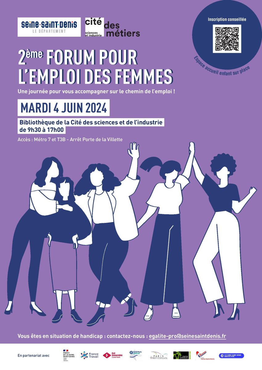 📆 J-7 Forum pour l'emploi des femmes !
Organisé avec le département de <a href="/seinesaintdenis/">Département de Seine-Saint-Denis</a>  à la <a href="/bibliothequeBSI/">Bibliothèque - Cité des sciences et de l'industrie</a>
🚼Garde d'enfants de la marche à 8 ans gratuite pendant le forum !
👉Tout le programme buff.ly/3TdnD7D
