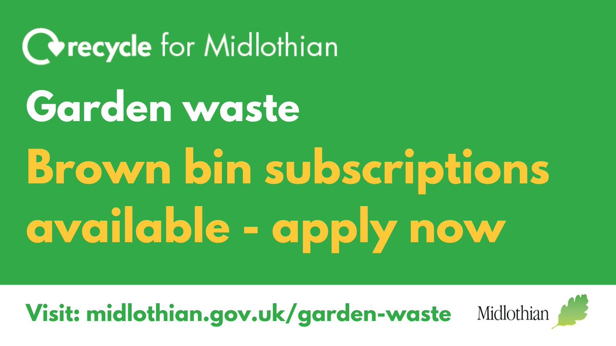 📢 GARDEN WASTE: there are still some slots available for 2024 brown bin collections. Cost is £40, which covers pick up of your garden clippings, cuttings, trimmings and more every two weeks throughout the year until November. To sign up and pay visit midlothian.gov.uk/garden-waste