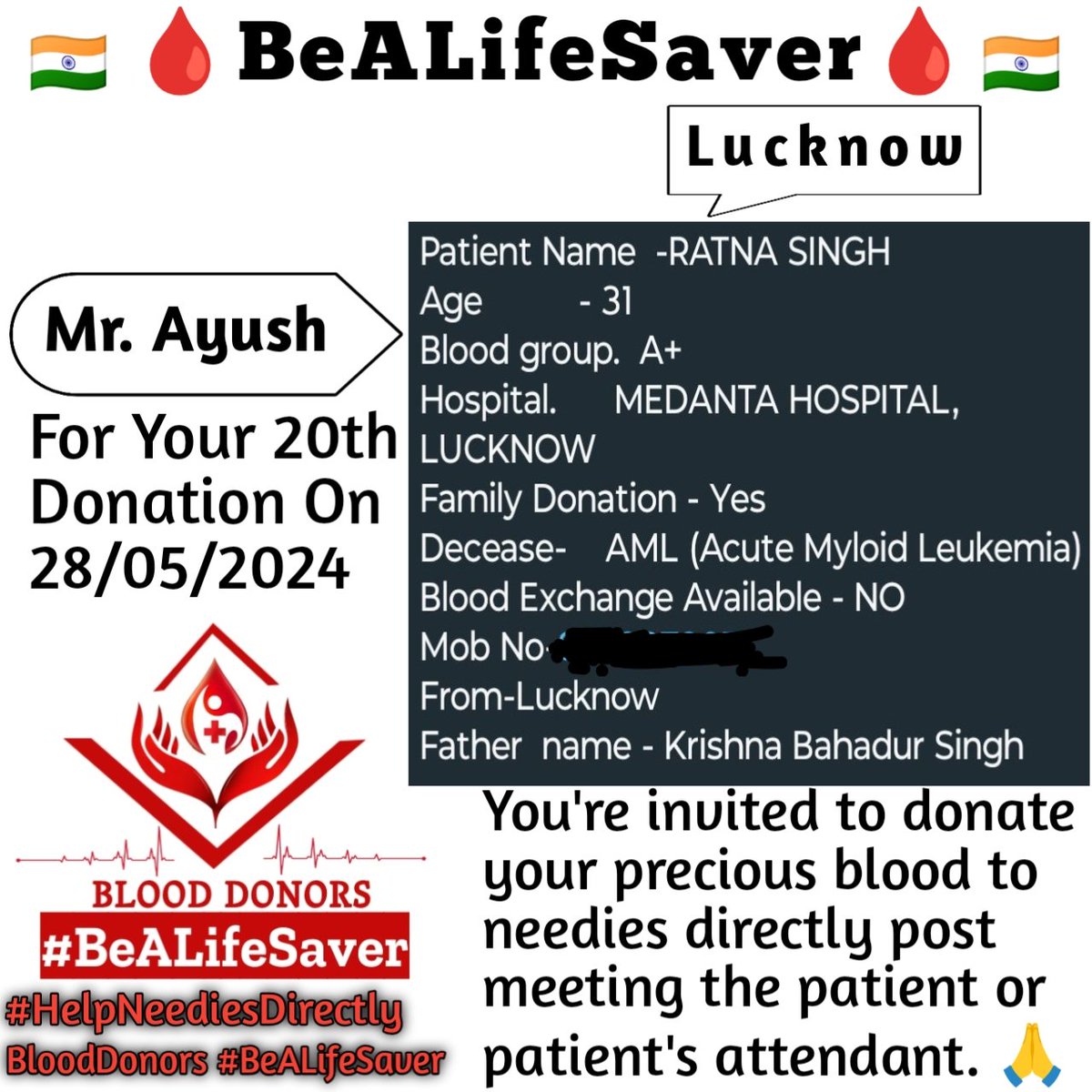 🙏 Congrats To Mr. Ayush Ji For His 20th Blood Donation 🙏 #HelpNeediesDirectly #BeALifeSaver Today's hero, Mr. Ayush Ji, donated blood in Lucknow for the 20th time to help a patient in need. Heartfelt gratitude and respect for his selfless act.