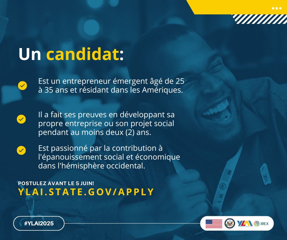 Les candidatures pour le @YLAINetwork sont acceptées jusqu'au 5 juin!

Les boursiers YLAI sont des leaders et des entrepreneurs innovants d'Amérique latine, des Caraïbes et du Canada. Vous vous reconnaissez ? Posez votre candidature dès aujourd'hui !  

ylai.state.gov/apply/