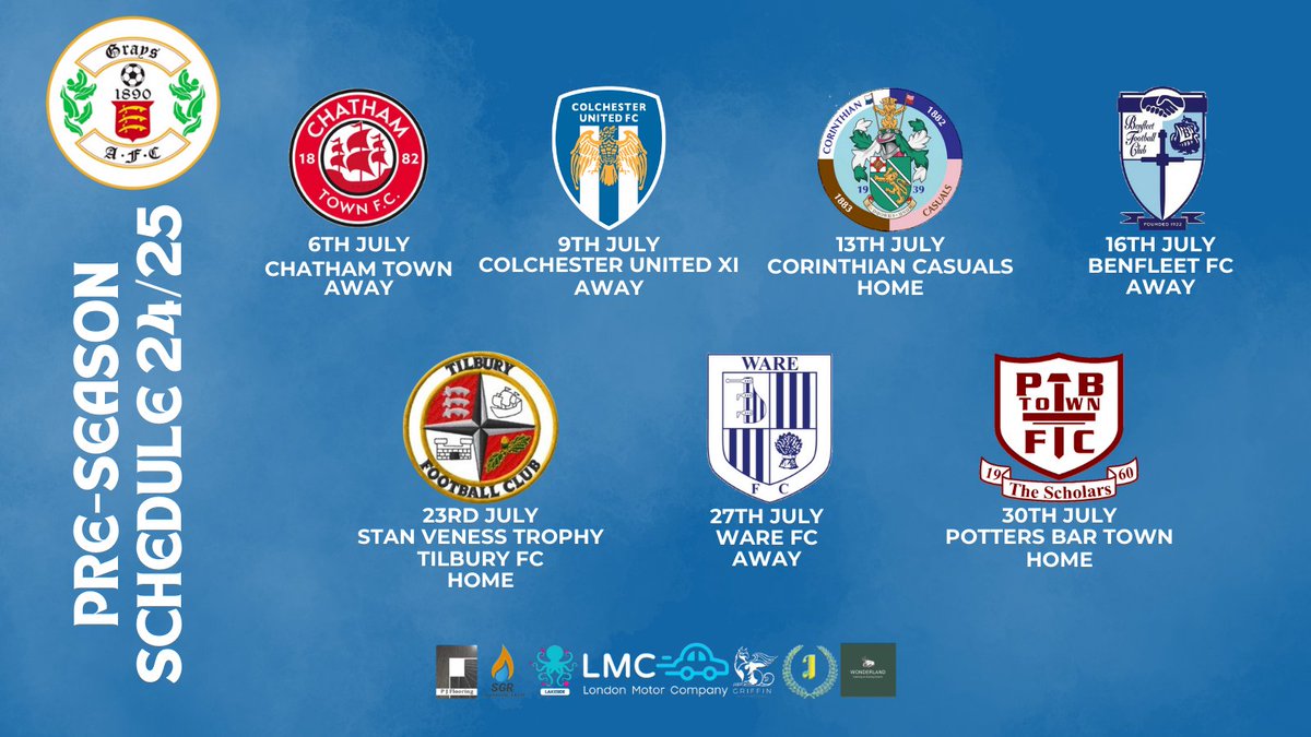 ⚽️𝗣𝗿𝗲- 𝗦𝗲𝗮𝘀𝗼𝗻 𝗦𝗰𝗵𝗲𝗱𝘂𝗹𝗲 We are delighted to announce our Pre-Season Schedule, this includes Trips to @ChathamTownFC @Benfleet_FC & @Ware_FC Hosting @CorinthianCas & @pbtfc Visiting @ColU_Official XI and the return of the Stan Veness Trophy against @tilburyfc