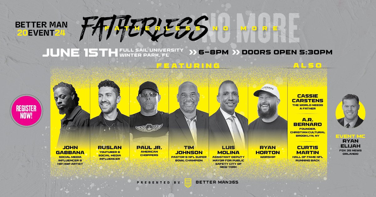 Men! Registration is now open for the BetterMan365 event on June 15, 2024! Limited seating is available. Secure your spot at BetterMan365.com. #bettermanevent #betterman365 #fatherlessmore #bme2024