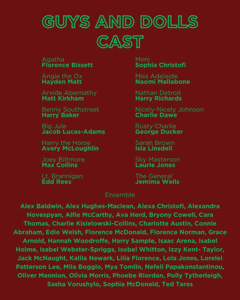 Introducing the cast of Guys and Dolls 🎲

Coming to the Great Hall at the Leys this October, tickets on sale soon!