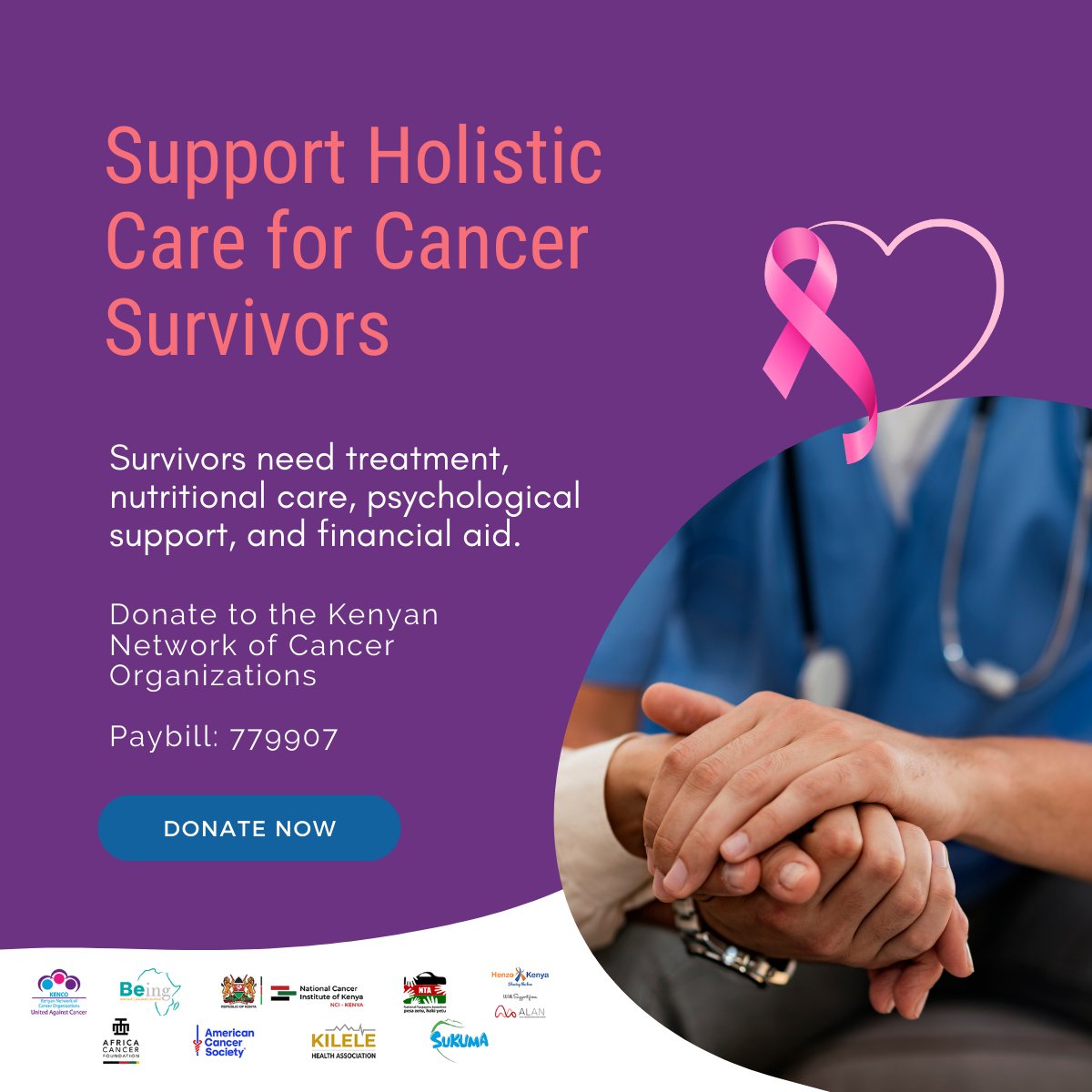 Survivors need holistic care including treatment, nutritional care, psychological care, and financial support. Let’s support #CancerSurvivors. Donations can be sent to the Kenyan Network of Cancer Organizations. Paybill: 779907 For more information contact: 0799400875 #NCSD2024