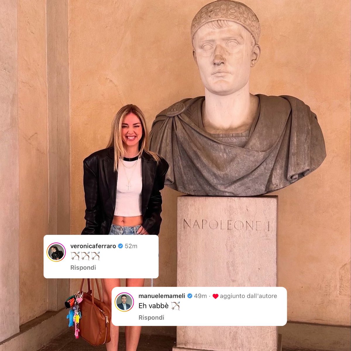 🚨 Poco fa Chiara Ferragni ha pubblicato una foto accanto ad un busto di Napoleone. Gli utenti hanno collegato lo scatto a un vecchio video di Marracash in cui quest’ultimo definiva Fedez “nano con la sindrome di Napoleone”. Gli amici di Chiara hanno commentato con l’emoji 🏹