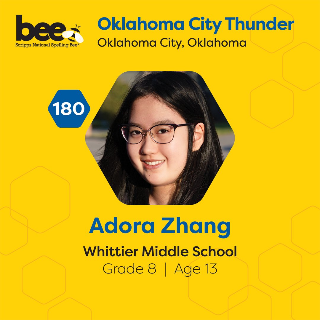 Good Luck Adora!!

We are so #NPSProud the Whittier MS Wildcat is representing Oklahoma at the Scripps Spelling Bee this week!