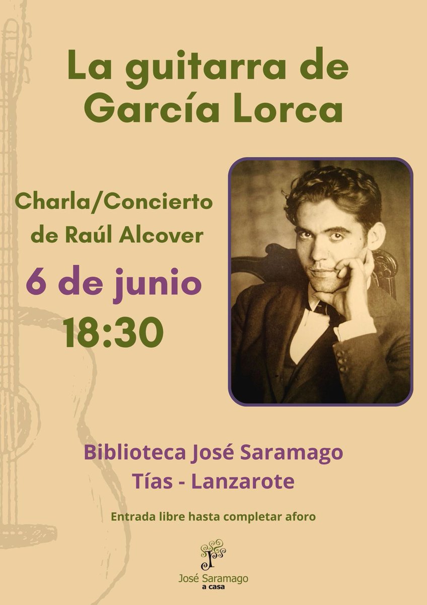 Desde A Casa Museo José Saramago tenemos el placer de invitarte a un acto muy especial sobre García Lorca de la mano del cantante y compositor Raúl Alcover, será en la Biblioteca de Saramago, el próximo 6 de junio, a las 18.30 de la tarde.   

LA GUITARRA DE GARCÍA LORCA