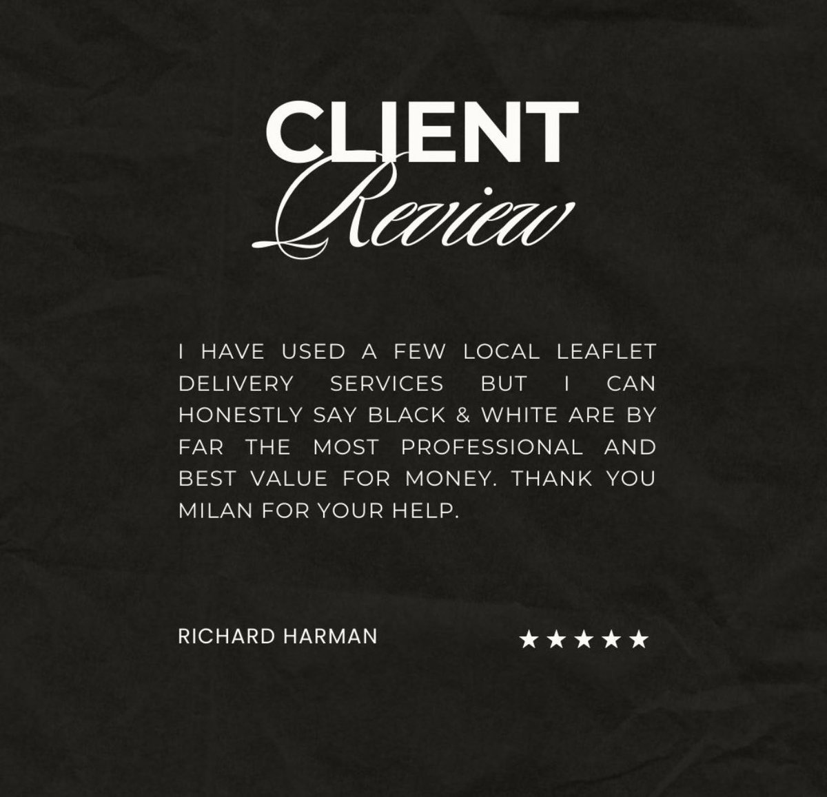 Leaflet_Flyer's tweet image. Another great review! Thank you for taking the time to write this it is greatly appreciated. 

For more information on how we can help your business grow please visit: black-white-leaflets-distribution.com

#leafletdellivery #smallbusiness #leafletdistribution #review #londonreview