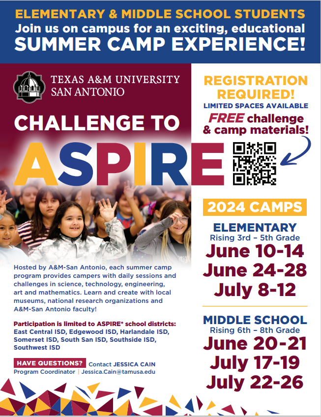 A great summer opportunity from our partners at Texas A&amp;M Univeristy-SA! 
Scan the QR code to sign up.  #IChooseEdgewood
¡Una gran oportunidad de verano de nuestros socios en la Universidad de Texas A&amp;M-SA! Escanea el código QR para registrarte. #YoElijoEdgewood