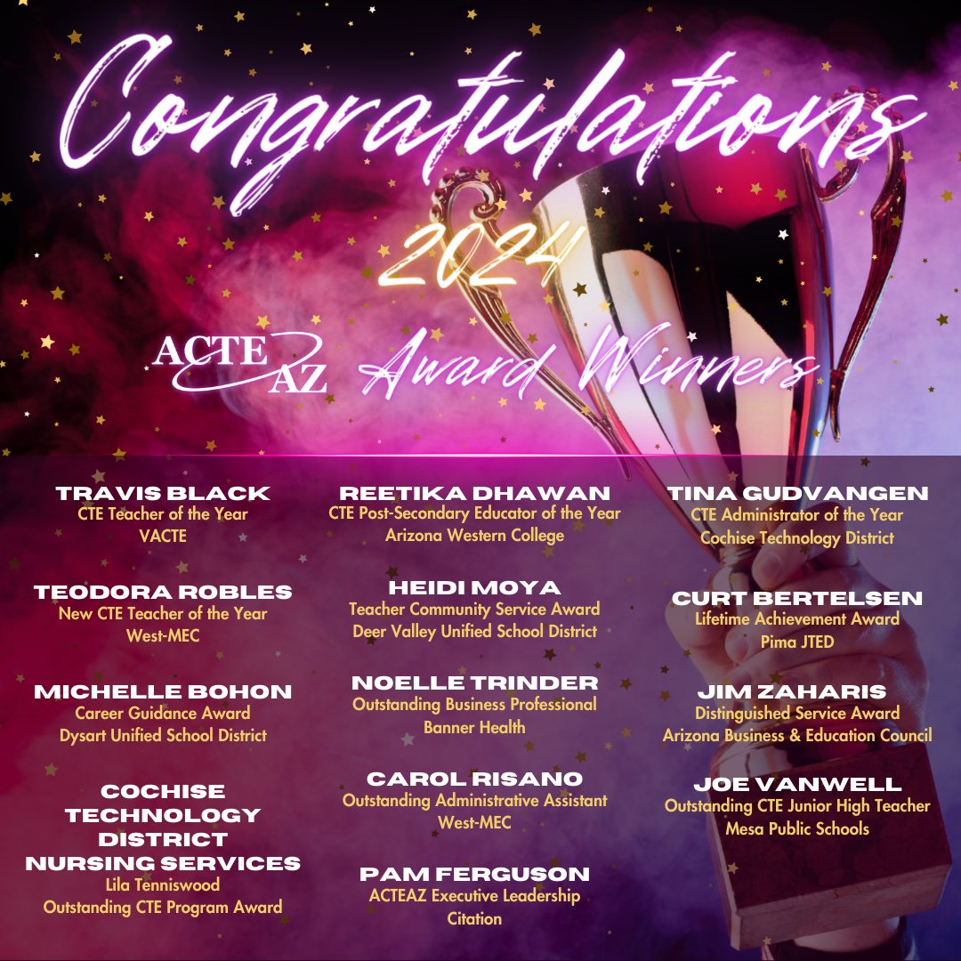 🏆 ACTEAZ would like to congratulate the 2024 ACTEAZ Award Winners!

The winners will be recognized at this year’s Arizona CTE Summer Conference, which takes place July 11 – 17, 2024 in Tucson, AZ.

Congratulations!

acteaz.org/news/acteaz-ne…