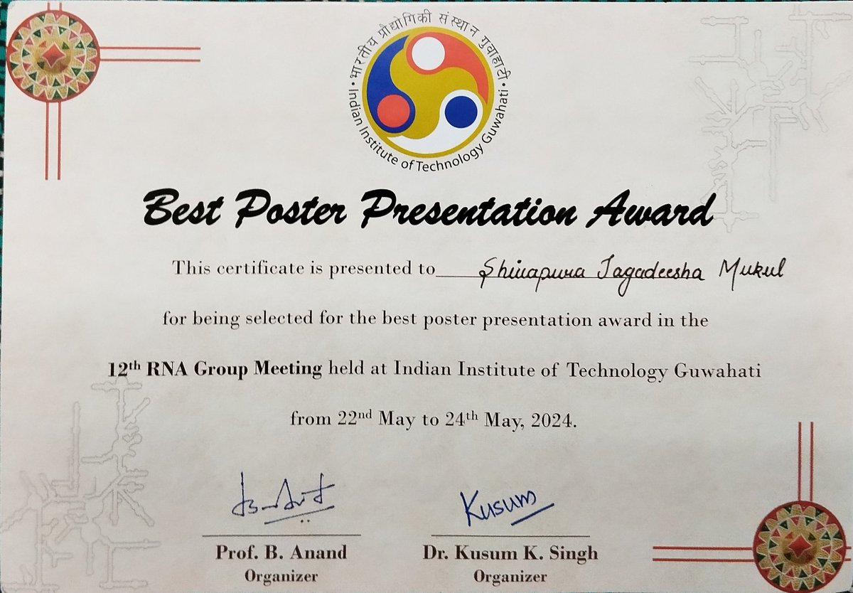 Just got back from 12th RNA Group Metting @IITGuwahati and what an experience! Incredible talks, thought-provoking discussions, and quality time with fellow researchers. Oh, and I snagged the best poster award too!  #ResearchGoals
Huge thanks to @Sankar_Lab @sankarfr1 @ccmb_csir