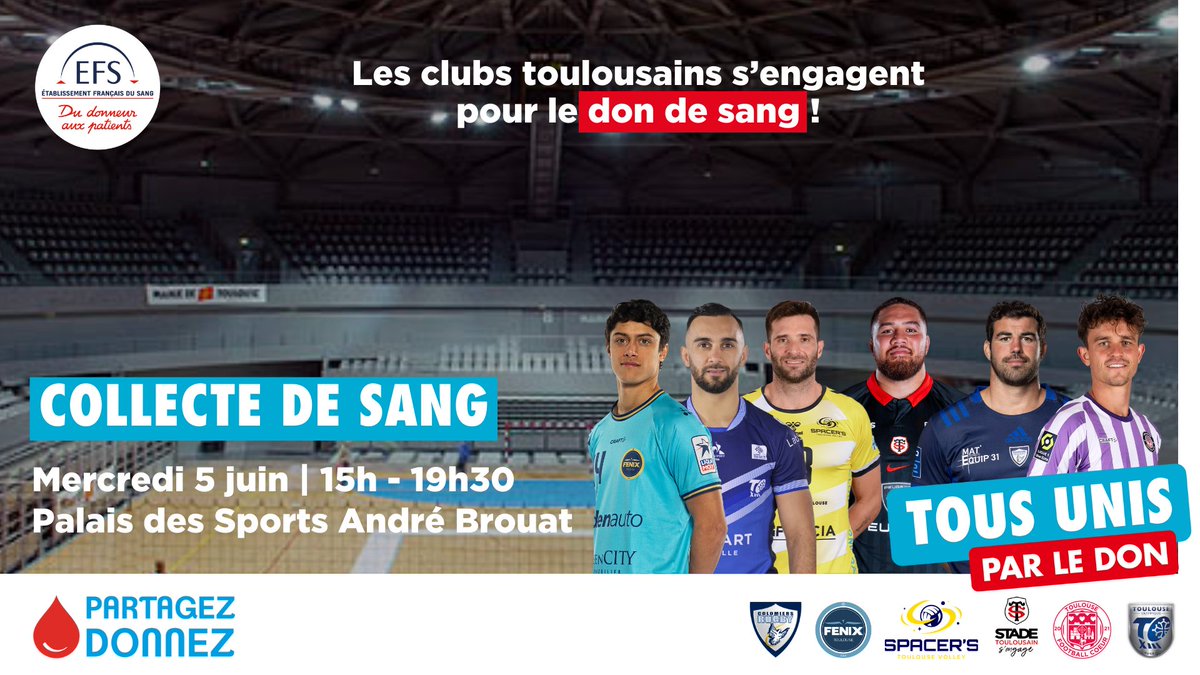 Tous unis pour le don : le sport toulousain se mobilise en faveur du don de sang 💪
Rejoignez l’équipe des donneurs de sang le Mercredi 5 juin, lors d’une collecte au Palais des Sports de Toulouse ! 

RDV sur dondesang.efs.sante.fr ou l’appli Don de sang ! On compte sur vous !