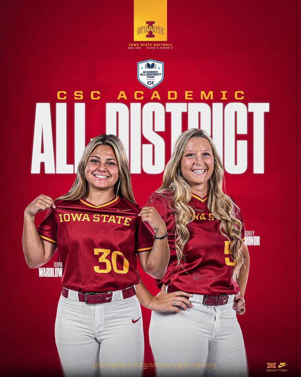 𝗖𝗦𝗖 𝗔𝗰𝗮𝗱𝗲𝗺𝗶𝗰 𝗔𝗹𝗹-𝗗𝗶𝘀𝘁𝗿𝗶𝗰𝘁 📚

For the third straight season, multiple Cyclones have earned <a href="/CollSportsComm/">College Sports Communicators</a> Academic All-District honors!

📰: tinyurl.com/286gt3us

🌪️🥎🌪️ | <a href="/Olivia_Wardlow/">Olivia Wardlow</a> x <a href="/Ashminor50/">Ashley Minor</a>