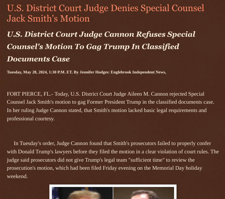 U.S. District Court Judge Denies Special Counsel Jack Smith’s Motion englebrookindependentnews.com/2024/05/28/u-s… via @Englebrooknews #washingtondc #Trump #documents #case @DNC @GOP @POTUS @wireless_step @HRG_Media @LodiNJNews @Breaking911 @Breaking24_7 @gator4kb18 @MichelleF_35 @TrumpWasRite