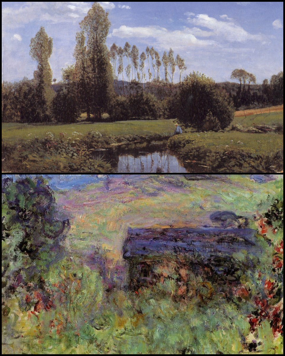 2. Claude Monet View from Rouelles (1858) and The House through the Roses (1926) By the end of his life Monet was going blind, but he continued to paint nonetheless. This was a man who loved colour, light, and flowers — even in his last days you can feel that love.