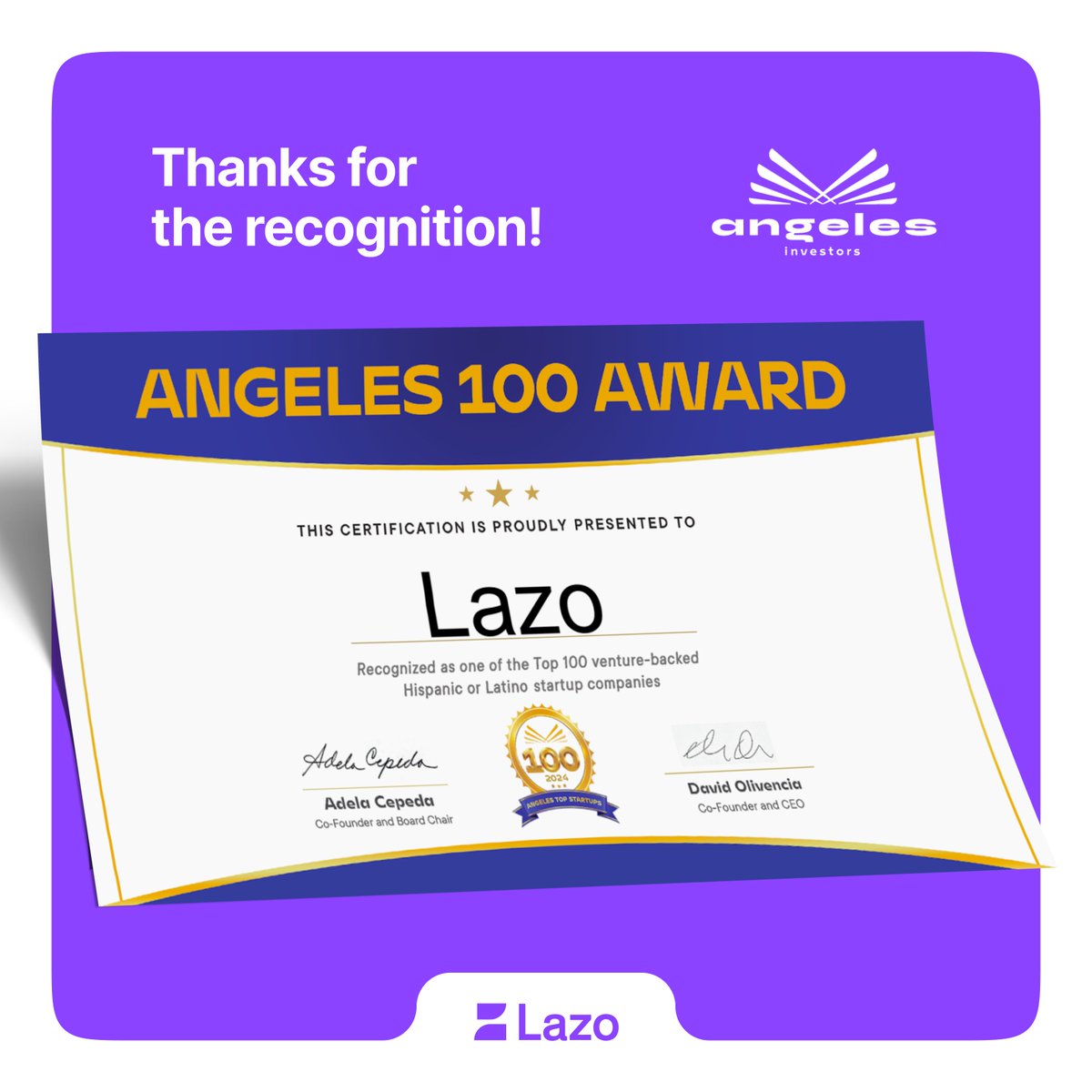 🏆Lazo was recognized by <a href="/AngelesInvestor/">Angeles Investors</a> as one of the esteemed #Angeles100 awardees for 2024, a collection of VC-backed #startups setting their bizz for success.

<a href="/JuanMBarrero/">Juan Manuel Barrero</a> and the #LazoFamilia are grateful for this recognition. It means we're on the right track! 💪