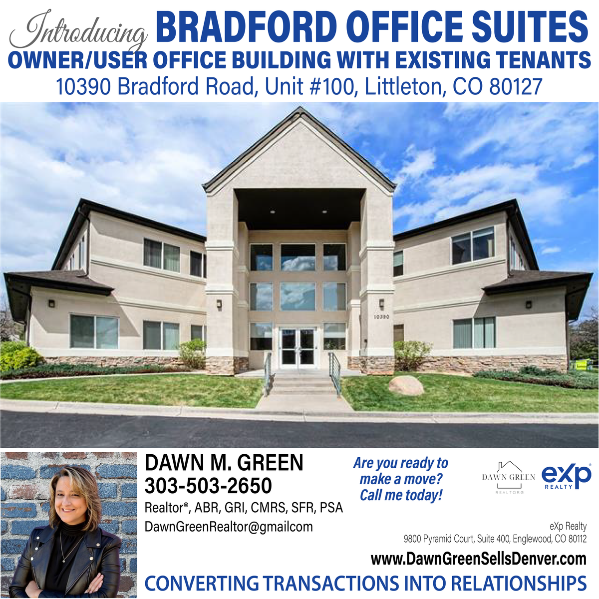 DawnFordGreen's tweet photo. Introducing Bradford Office Suites, an exceptional opportunity in Littleton, Colorado!
OWNER/USER OFFICE BUILDING WITH EXISTING TENANTS!
Call TODAY for more information!
DAWN GREEN
eXp Realty
303-503-2650
DAWN GREEN SELLS DENVER
Converting Transactions Into Relationships! https://t.co/tM5fzPmHop