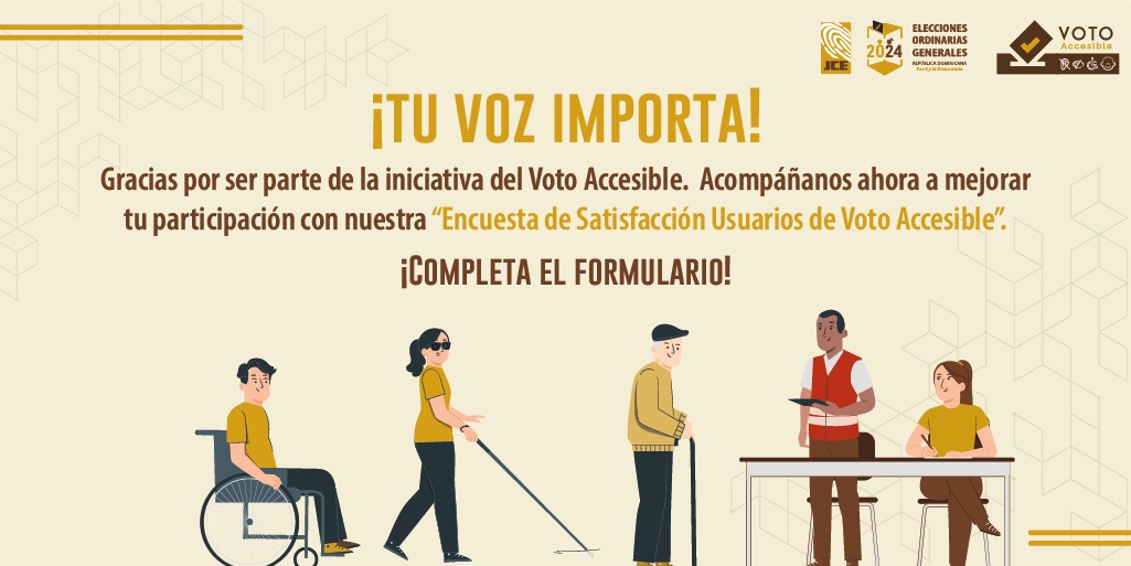 ¡Tu voz es clave para nosotros! El #VotoAccesibleRD2024, fue una realidad y ahora ¡queremos escucharte! Participa en nuestra 'Encuesta de Satisfacción Usuarios de Voto Accesible' y ayúdanos a mejorar. Llena el formulario aquí 🔗bit.ly/3Kl0opm