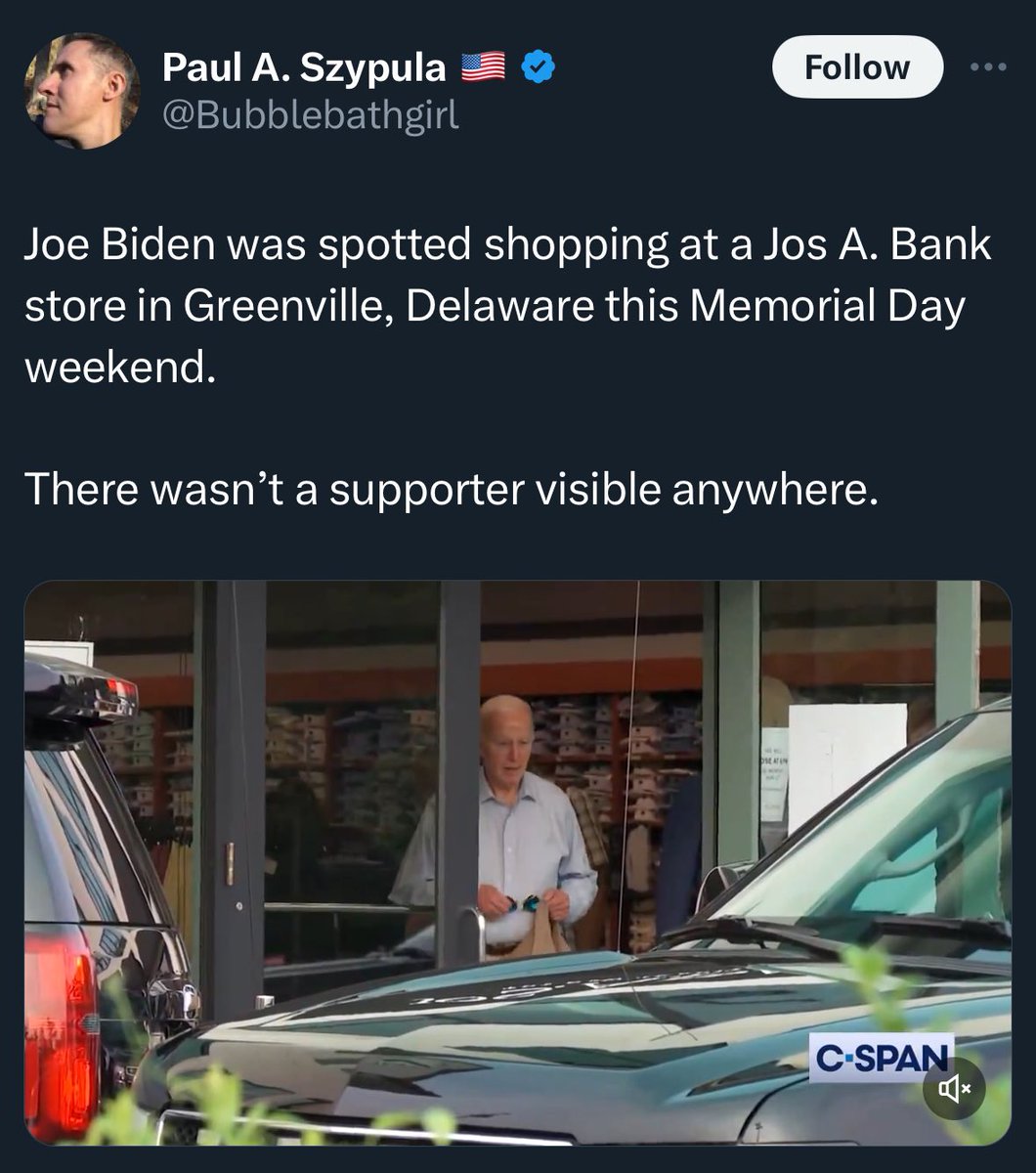 Lol why would Biden supporters be outside a Jos A. Bank store waiting for him….he’s not Trump doing staged events like his Harlem bodega visit….these people are so dumb