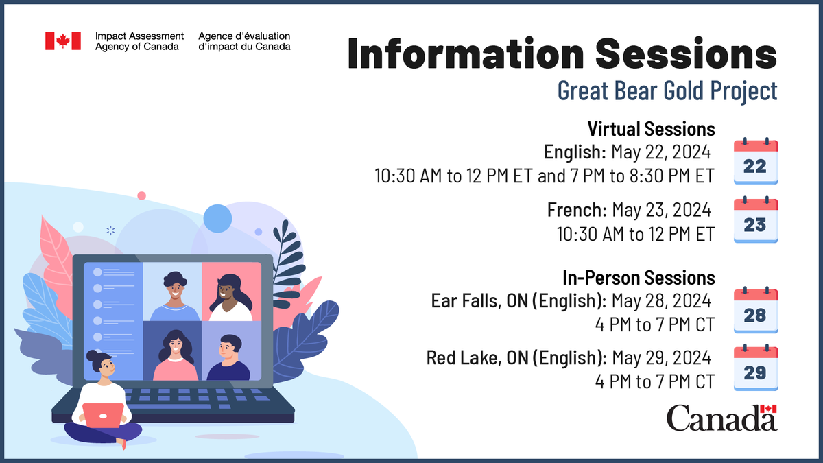 We can’t wait to meet you! 👋

Join us tomorrow from 4 to 7 pm (CT) in Red Lake for an in-person information session on the proposed #GreatBearGold Project in #Ontario.

Register 👉 iaac-aeic.gc.ca/050/evaluation…
#ImpactAssessment