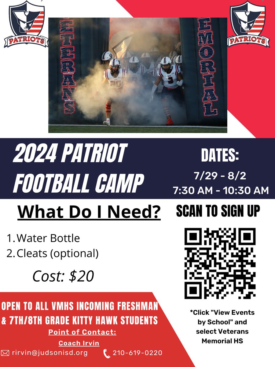 💥💥💥FUTURE PATRIOTS💥💥💥
Below is information to get signed up for our summer football camp. If there are any questions please feel free to reach out. 
#EETEDT #PatriotNation 
@JudsonISD @SAVeteransHS @JISD_ATHLETICS @irvin8robert