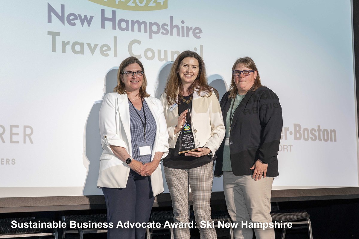 Jessyca Keeler of Ski New Hampshire was presented the Sustainable Business Advocate Award by NH Travel Council president Rebecca Metcalf (left) and member Charyl Reardon (right) during the Council's 50th Anniversary Luncheon in Lakeport.  Learn more at nhtravelcouncil.com/news-and-events.