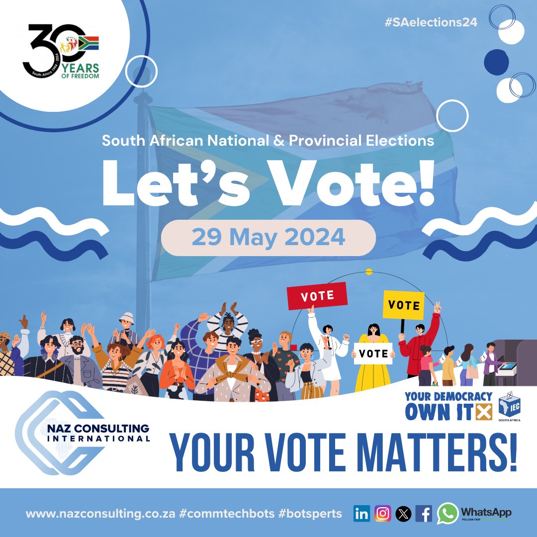 The 29th of May is a pivotal day for South Africa. 
Every vote counts, and your voice matters. Let's come together and make our democracy stronger by casting our votes.  🇿🇦🗳️

#SouthAfricaVotes #YourVoteMatters #DemocracyInAction #Vote29May #SouthAfricaRising