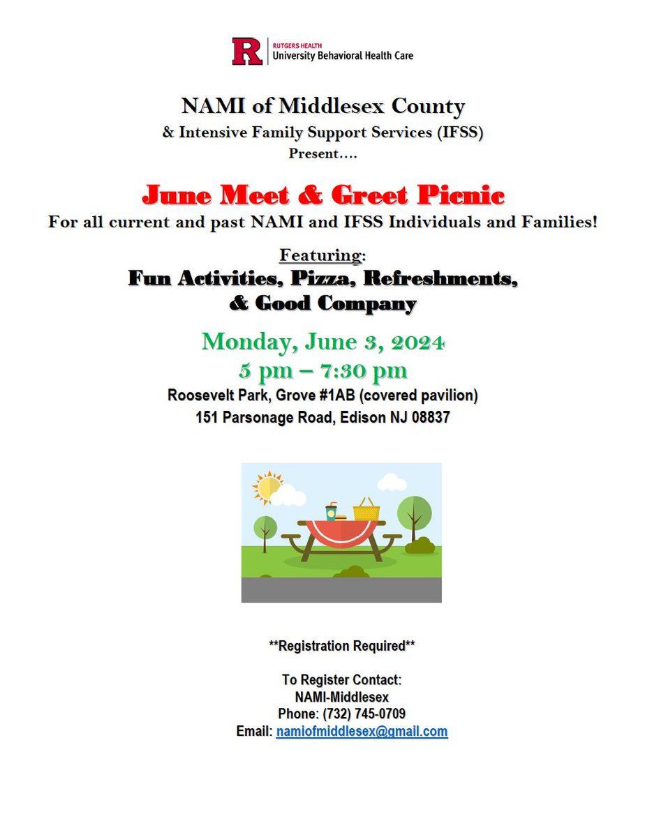 NAMI_NJ's tweet image. NAMI Middlesex County is hosting a Meet &amp;amp; Greet Picnic, which will be held from 5 p.m. to 7:30 p.m. on Monday, June 3rd at Roosevelt Park, Grove #1AB, 151 Parsonage Road, in Edison. To register, contact NAMI Middlesex at (732) 745-0709 or email them at namiofmiddlesex@gmail.com.