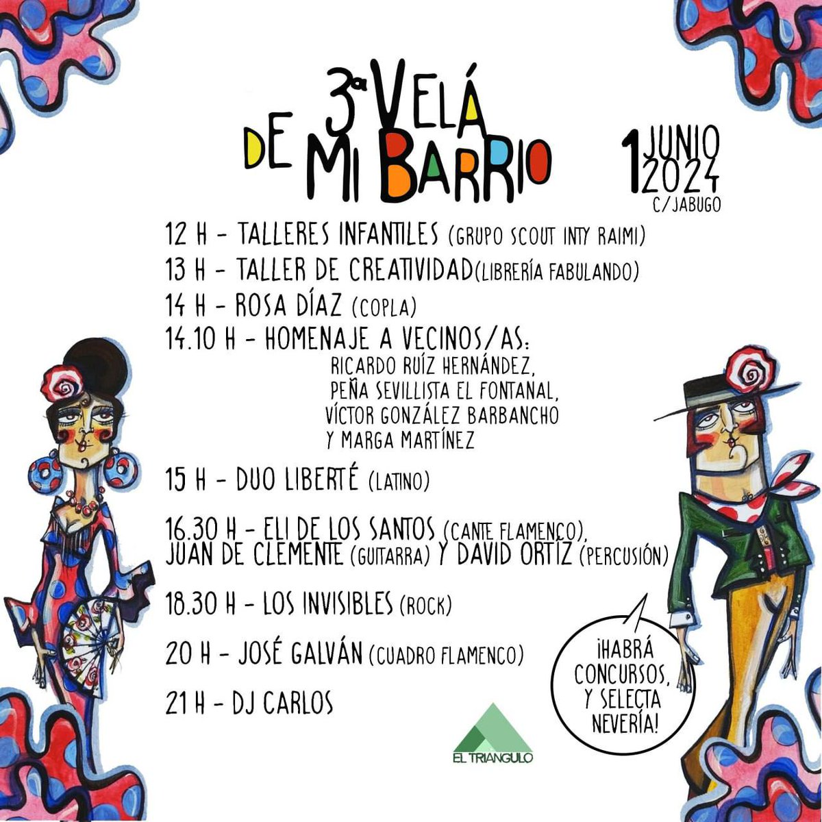 📢 ¿Todavía no has visto la programación definitiva de la Velá de mi Barrio de este año?

¡Comparte y vente!

📅 Sábado 1 de junio
⌚️ A partir de las 12:00
🛖 AVV El Triángulo (c\ Jabugo, 30 Sevilla)