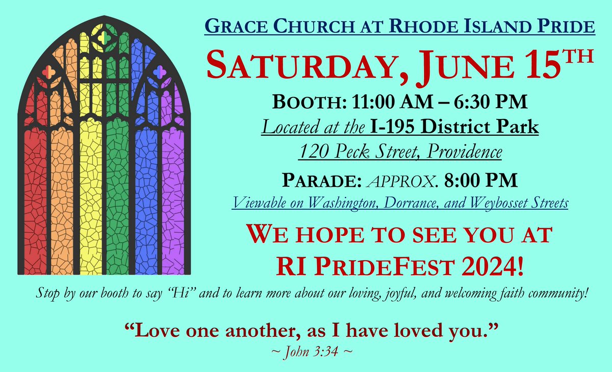 GraceChurchPVD's tweet photo. We hope you join us for PrideFest 2024! https://t.co/AzYT8659HE