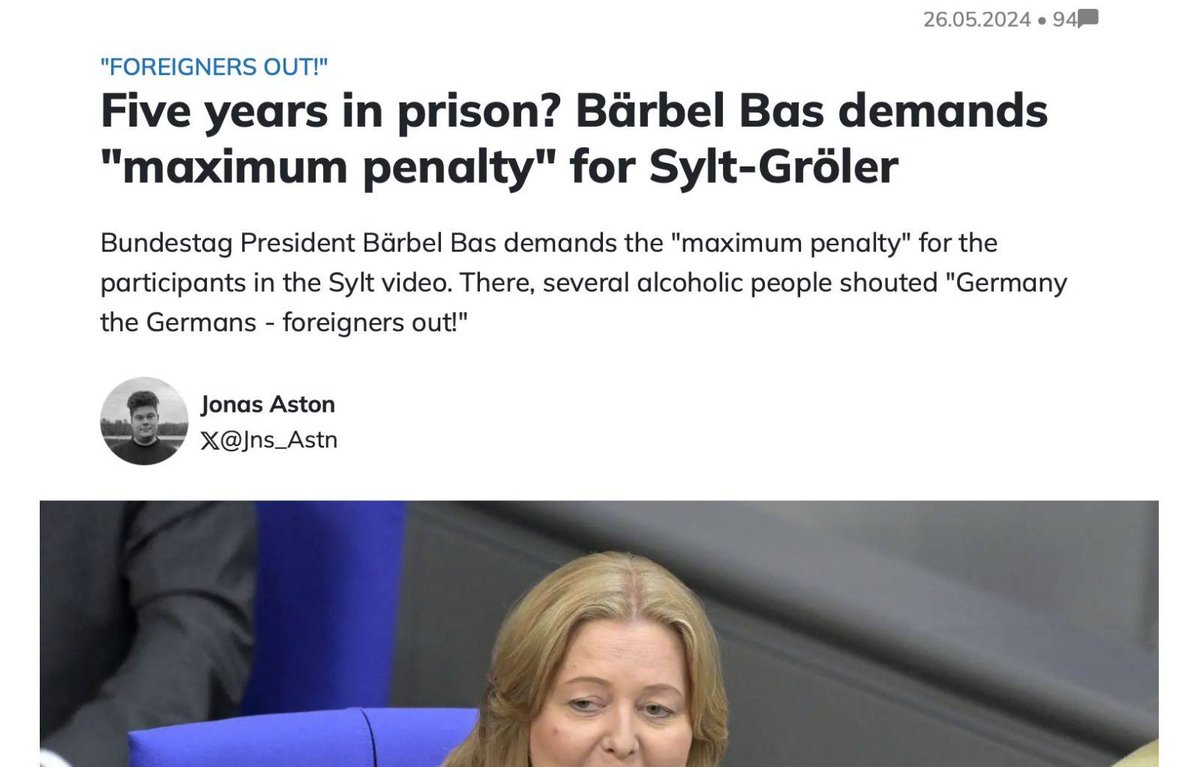 Yttrandefriheten eroderas i en rasande fart av de som skriker högst om demokrati. Nu kräver Bärbela Bas (SDP, deras S), talman i Bundestag, 5 år fängelse för de som sjöng 'Ausländer Raus' på skämt på en fest i Sylt. Tyrannin är påväg tillbaka i Tyskland, men från annat håll.