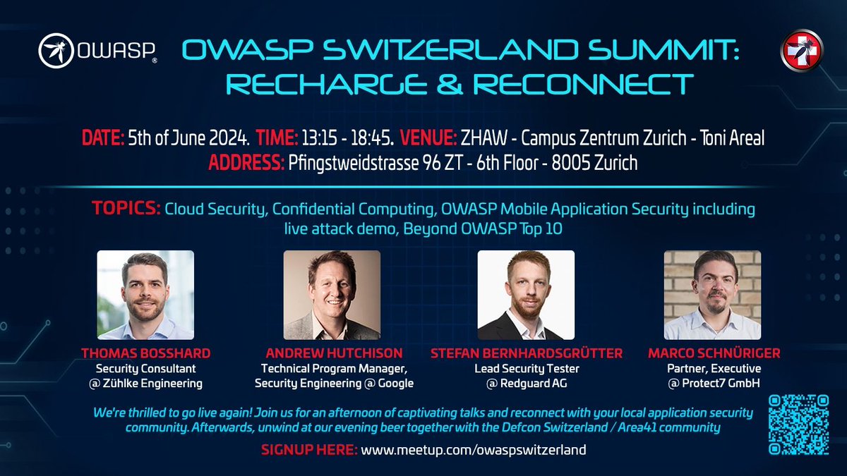 OWASP Switzerland (@owasp_ch) on Twitter photo No plans for next Wednesday or didn't get a ticket for the upcoming <a href="/a41con/">Area41 Security Con</a>? Join us for the OWASP Switzerland Summit in Zurich completely free of charge: meetup.com/owaspswitzerla… No plans for next Wednesday or didn't get a ticket for the upcoming <a href="/a41con/">Area41 Security Con</a>? Join us for the OWASP Switzerland Summit in Zurich completely free of charge: meetup.com/owaspswitzerla…