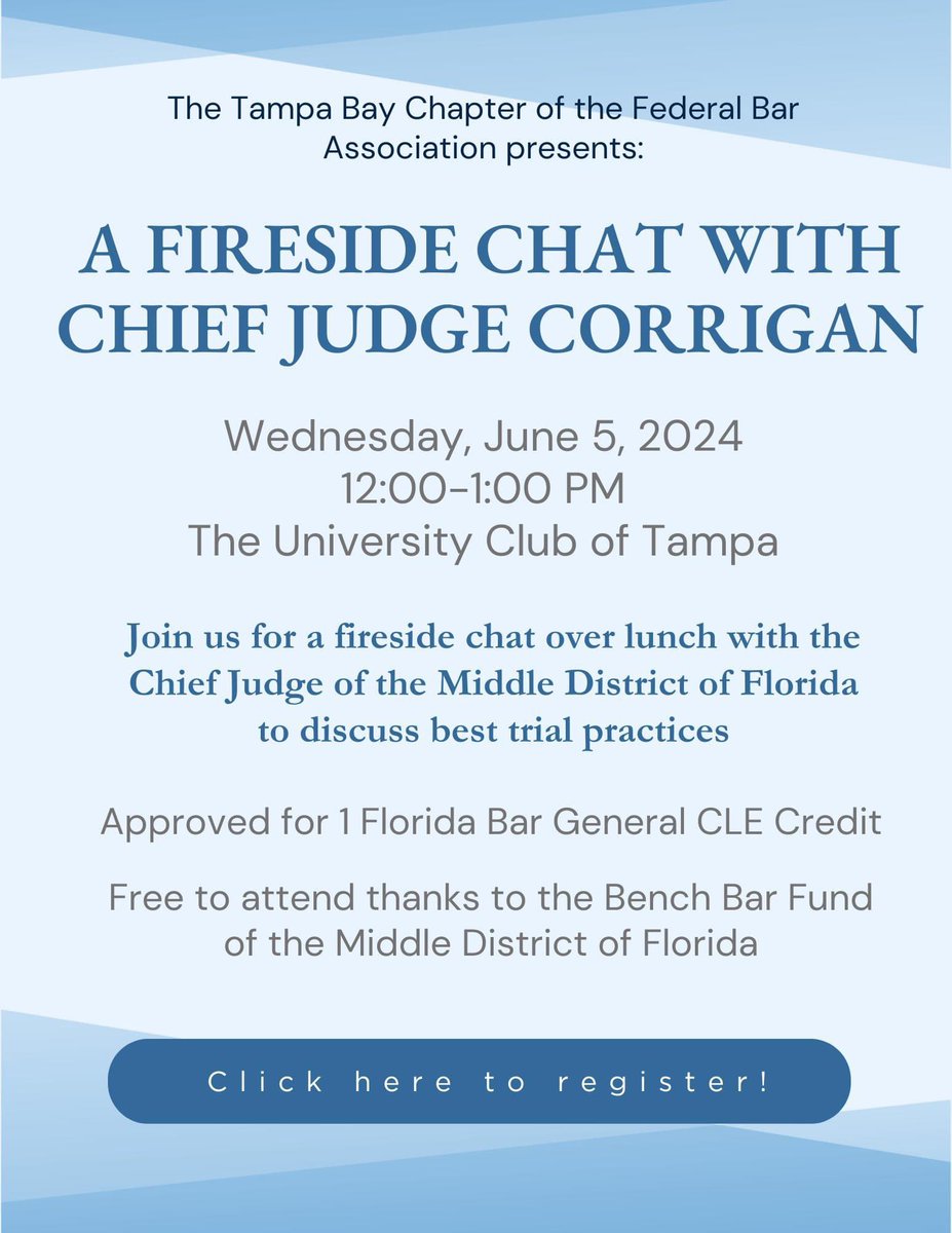 Our Chapter is pleased to host the Chief Judge of the Middle District of Florida on Wednesday, June 5, 2024, from 12:00 p.m to 1:00 p.m.

To register, visit our website here: federalbartampa.org/events-calenda…