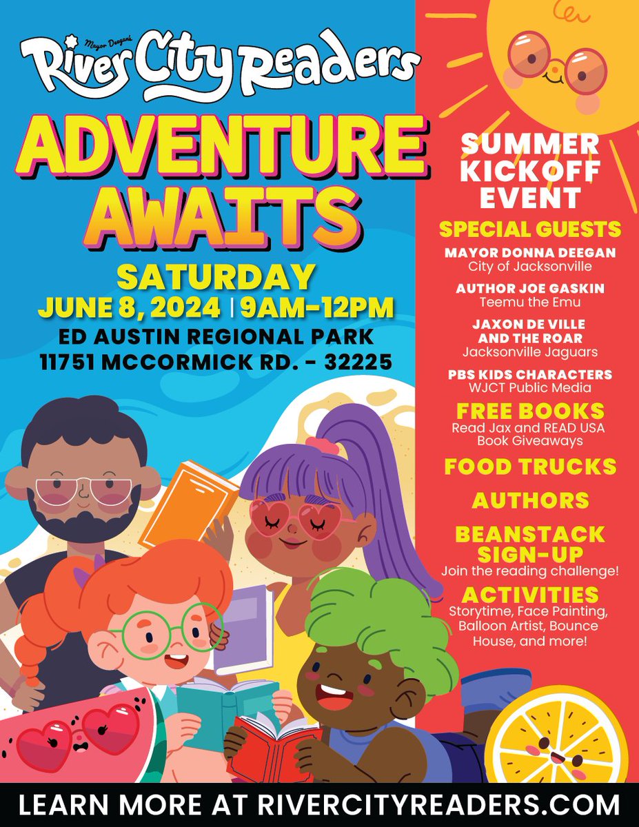 River City Readers 📚 Join @MayorDeegan and the @jaxlibrary on Saturday, June 8 for the River City Readers Summer Kickoff at Ed Austin Park. Your reading adventure awaits with free books, backpacks, face painting, and so much more! For complete details: jacksonville.gov/rcrsummerkicko…